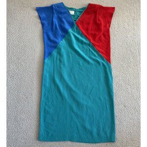 Silk Studio Dress Teal Red Blue Colorblock Sleeveless Vintage Inspired